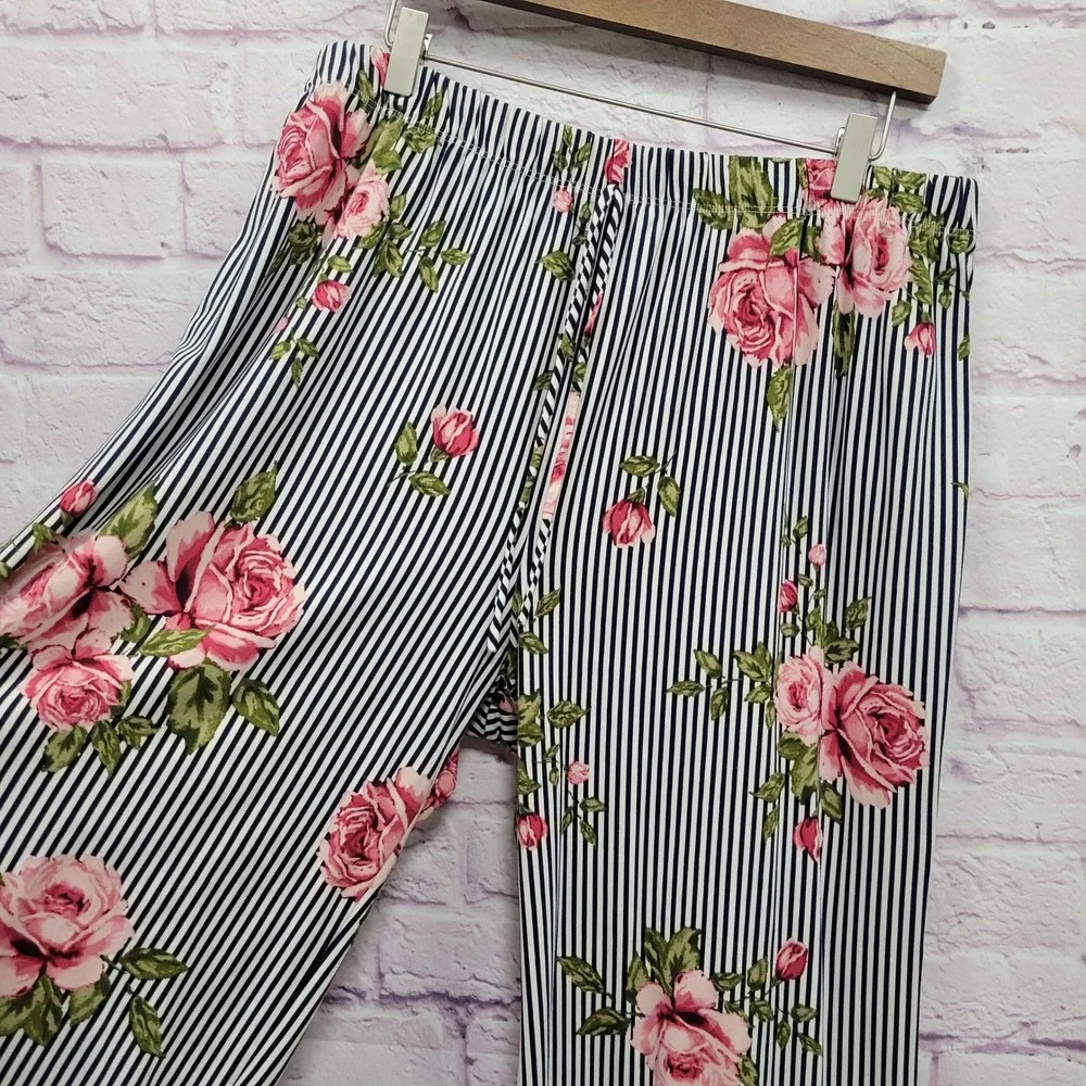 Wilde Floral Striped Wide Leg Pants 1X‎ Flowy Cottagecore Cozy Loungewear Hippie